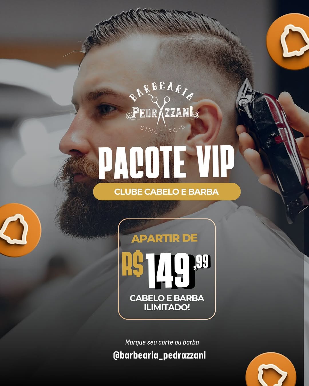 Informações sobre o pacote vip de barba e cabelo, texto contém o valor de R$ 149,99 por mês
